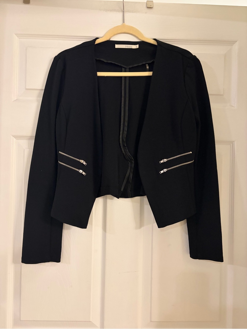 Have Black Open Front Short Jacket Zipper Accents Cropped Long Sleeve Women’s L